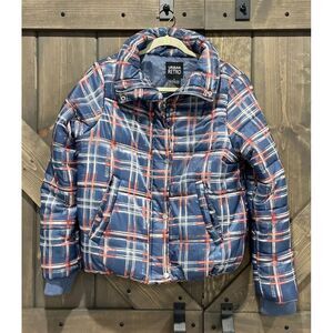 Urban Retro Puffer Jacket‎ Blue and Pink Checkered Light Weight Women's Size M